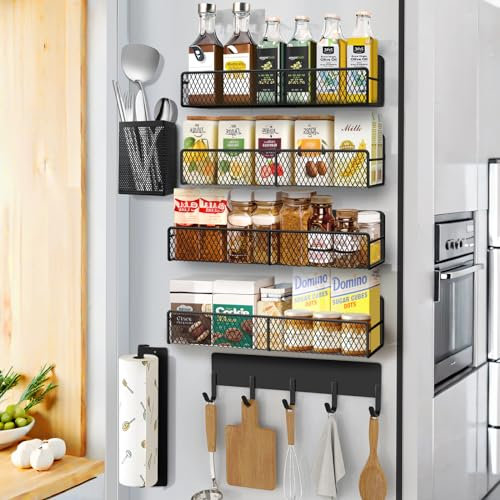 Kmise 7pcs Portaspezie Magnetico per Frigorifero, Appeso Portaspezie in Metallo Nero Senza Foratura con Potenti Magneti tra cui Portasalviette di Carta, Porta Utensili da Cucina, Gancio Rack