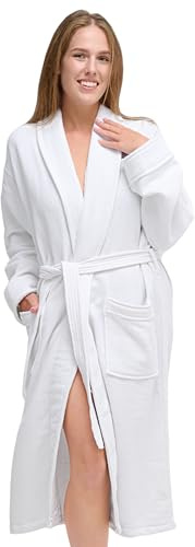 White Classic Waffle Bathrobe for Women, Men - 100% Turkish Cotton, Absorbent Terry Interior and Waffle Exterior, Quick Dry, Lightweight, Warm and Soft Terry Cloth Robes for Women, One Size Fits Most