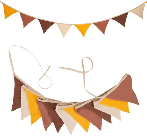 G2PLUS Gelb Kaffee Wimpelkette Kinderzimmer,Stoff Wimpelkette aus Musselin Baumwolle,2.8m Musselinstoff Girlande für Kinderzimmer, Jungen Kinderzimmer Deko für Hausbett, Babybett & Kinderbett