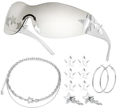 Hifot 12STK Y2K Sonnenbrillen Y2k Accessoires, 2000er Vintage Randlose Sonnenbrille Y2K Kette Silberne Creolen Stern Haarspangen, Stern Sonnenbrille Coole Sonnenbrille Rave Y2K Accessoires für Damen