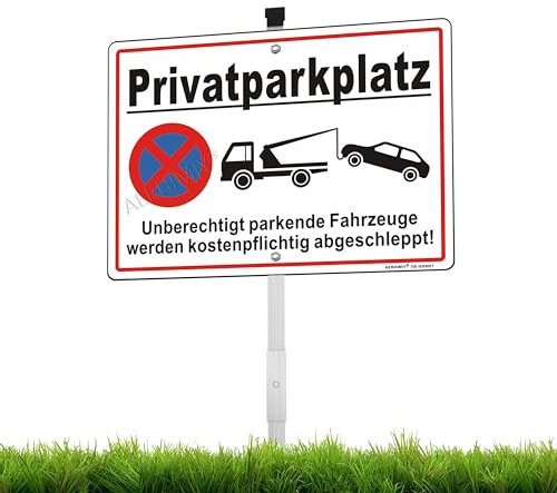 XL Schild Privatparkplatz Aluminium Reflektierend 25×35cm mit 70cm Metallhalterung und Zubehör, UV-beständig, Wasserfest, Rostfrei, mit Bohrlöcher, Weiß