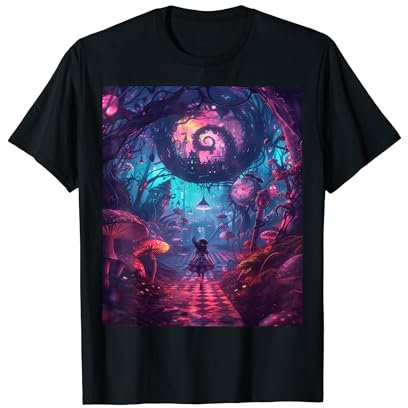 Generic Damen Alice im Wunderland T-Shirt Schwarz Unisex Cartoon Cartoon-Muster Klassisch Kurzarm S EU 38/40