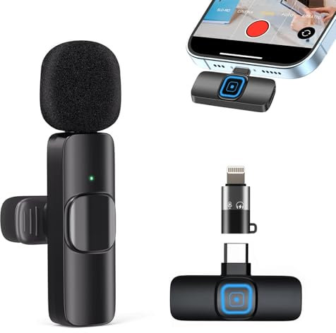 Microfono Wireless per iPhone/Androide, Plug and Play Microfoni Wireless Professionali Riduzione del Rumore per per YouTube, TikTok, Vlog, Podcast, Conferenze, Registrazione Video e Live Streaming