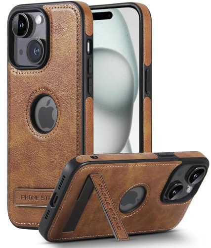 AIOVETEAB für iPhone 15 Hülle, Metall Ständer Case,PU Leder Schutzhülle Anti-Rutsch Stoßfest Vollständige Handyhülle Case Cover für iPhone 15, Braun