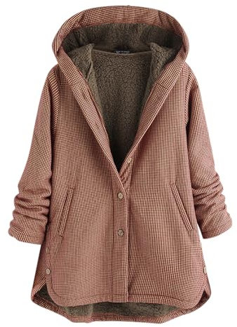 FNKDOR Vestes Femme Imprimé Carreaux Manteau à Capuche Peluche Doublé Trench Coat Ourlet Irrégulier Manteaux Mi-Longue Épaissir Chaud Outwear(Rose,XL)