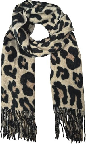 stylx Damen Schal mit LEOPARD Muster, mit FRANSEN, Modische und Eleganter offener Schal Langer Schal Winter und Herbst Leo Schals für Frauen (beige)