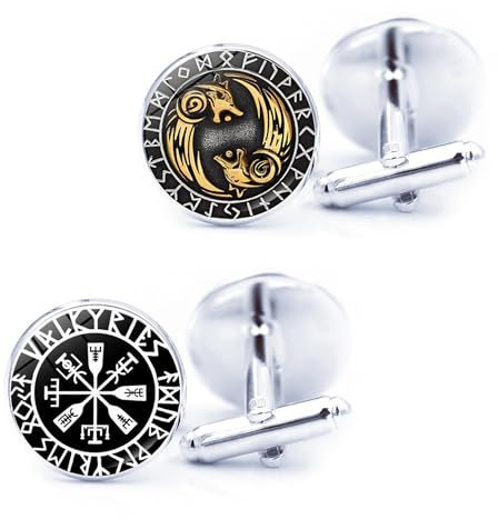 LONGHAO 2 Paar,Wikinger Stil Manschetten Knöpfe,Manschettenknöpfe Herren mit Wikinger Runen Muster,Nordic Viking Manschettenknöpfe,Hemden Cufflinks Retro klassische,für vatertagsgeschenk für papa