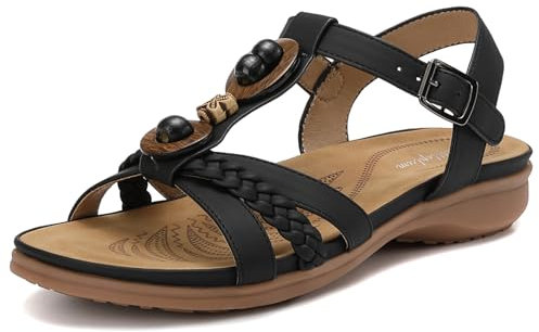 Littleplum Damen Sandalen mit Zwei Riemen und Schnalle Flach Bequem Sommer Sandaletten,olivschwarz,39 EU