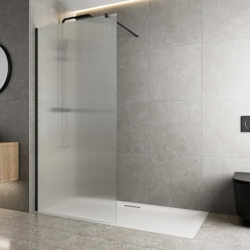 BAYSTONE® 900mm Wet Room Shower Screen Panel 8mm Fluted Toughened Safety Easy Clean Glass Walk in Shower Enclosure, Frameless Panel, Matt Black