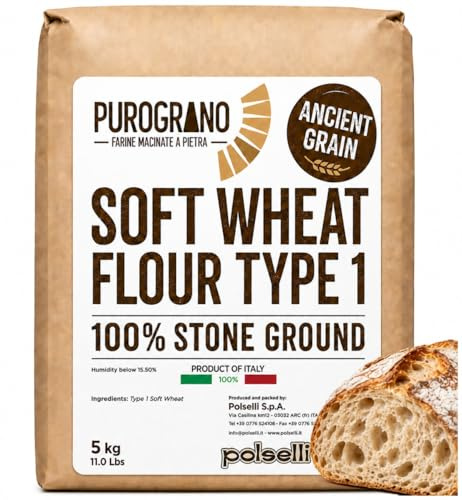 Polselli, PuroGrano, 100% Stone Ground, Type 1 Soft Wheat Flour, Bread flour– 5kg (11 lb), Ancient Italian Grain – Ideal for Sourdough Bread & Artisan Baking – Imported from Italy, Polselli. Unbleached, unbromated and no additives