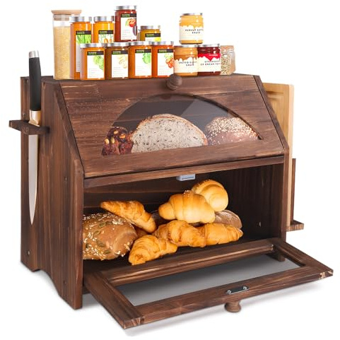 Boîte à Pain 2 Couches pour Comptoir de cuisine, Boîte de Rangement en Bois avec porte-outils et déflecteur pour planche à découper, Boîte de Rangement en Bois pour cuisine, café, bar, garde-manger