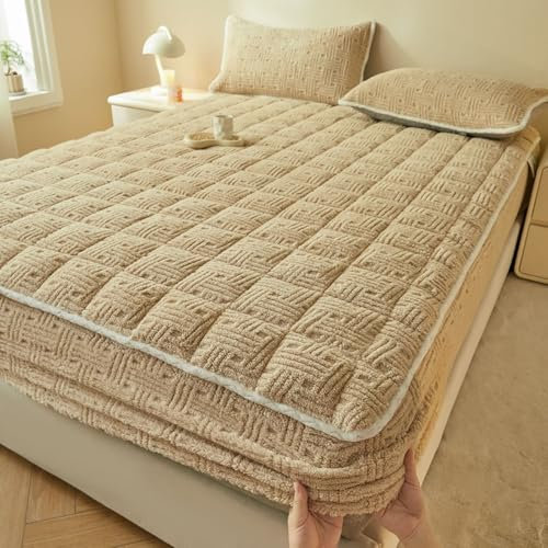 Lirzxin Boxspringbett Spannbettlaken 90x200 cm, Spannleintuch Einzelbett Samt Einfarbig Gitter Struktur Spannlaken und 2 Kissenbezüge Winter Weich, Atmungsaktiv Maschinenwaschbar, Licht Khaki
