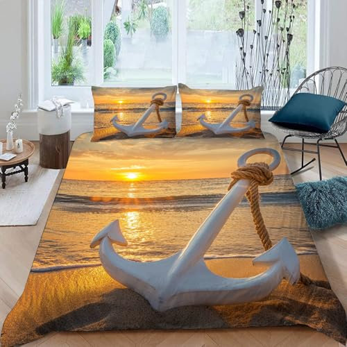 Generisch Sonnenuntergang-Anker Bettwäsche 135X200 cm Kinder Junge Mädchen 3D Effekt Bettbezug Jugendliche Bettwäsche-Set Mikrofaser Bettbezug Mit Reißverschluss Und 2 Kissenbezug 80X80Cm