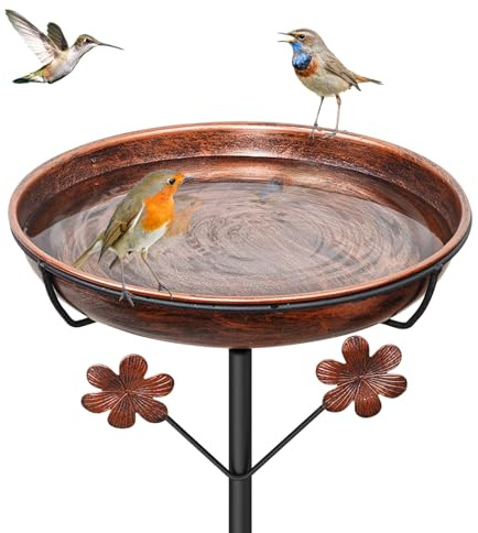 Stehend Vogeltränke Vogelbad für Draußen Garten, Metall Vogelbecken Futter Schale Wassertränke für Vögel, Wildvögel Winterfest Wassertränke für Vogelbad Futterstelle Balkon (Vintage Braun, Blumen)