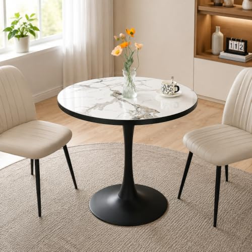 FATIVO Runder Esstisch 76,5 cm Marmoroptik mit schwarzem Metallgestell | moderner kleiner Küchentisch für 2-4 Personen, ideal für Küche, Esszimmer und Wohnzimmer