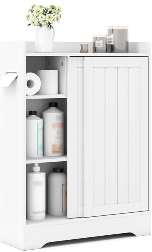 LIFEZEAL Armadietto da bagno con 2 ante scorrevoli, mobile portaoggetti con ripiani regolabili, organizzatore accanto al WC con porta carta integrata per il bagno (bianco)