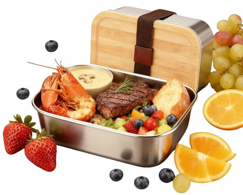 Fhlprte 304-Stahl-Bento-Boxen,Auslaufsichere-Lunchbox,550/850/1400ml Lunchbox Edelstahl,mit Bambusdeckel,Edelstahl-Frischhaltedosen,Metalldose mit Holzdeckel,für Schule,Büro,Picknick (850ml)