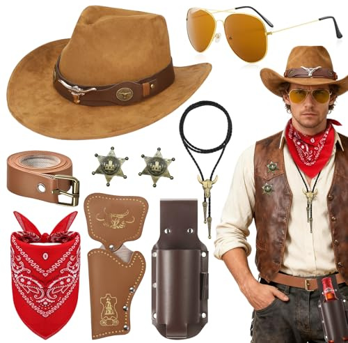 Saier tbo 9PCS Western Cowboy Kostüm Set mit Hut, Brille, Halskette, Bierkrughalter, Bandana, Holster, Abzeichen, Gürtel für Karneval Western Mottoparty Cosplay (Khaki)