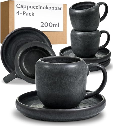 Cosumy Cappuccino Tassen Set 4er mit Untertassen - Kaffee Tassen Keramik | Dickwandig, Handgefertigt, Spülmaschinen- & Mikrowellenfest, Geschenkverpackung
