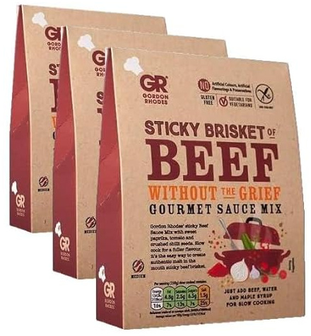 Gordon Rhodes' Sticky Brisket of Beef Without The Grief Sauce Mix - Sweet Paprika, Tomato & Crushed Chilli Seeds - Easy to Prepare - Gluten-Free & Suitable for Vegetarians (1 x 75gm) (Pack of 3)