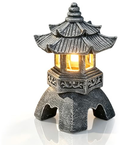 Piashow Japan Deko, Japanische Lampe Pagode Solar Japanische Gartenlaterne, Gartendeko Statue, 26x17cm