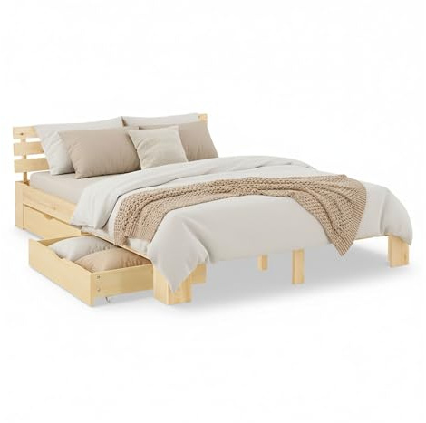 Homestyle4u Holzbett 140x200 mit Federkernmatratze Lattenrost 2 Schubladen, Bett mit Bettkasten Holz massiv Queen Size Bed Kiefer Bettgestell Natur Futonbett, 3327