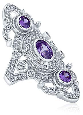 Bling Jewelry Bague d'armure articulée style vintage en filigrane avec zircon cubique violet, améthyste simulée, en laiton plaqué argent.