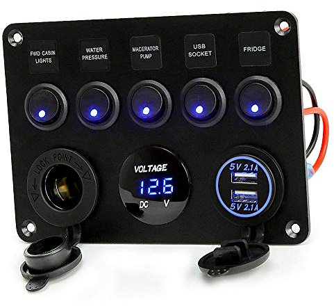 Pannello Interruttori per Auto Barca 5 Gang Interruttore a Levetta ON-OFF 2USB Presa Voltmetro a LED 12V 24V Presa di Corrente per Marine RV Truck Camper Veicoli(Blu).