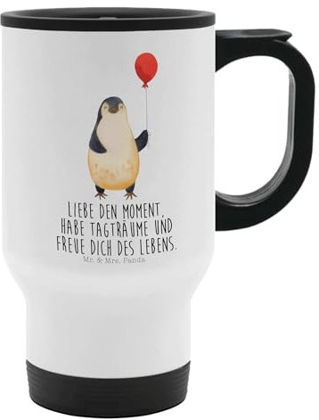 Mr. & Mrs. Panda Thermobecher Pinguin Luftballon - Geschenk, Glück, Motivation, Warmhaltetasse, Geschenkidee, Jahrmarkt, Edelstahlbecher, Kind, Tasse