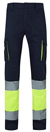 VELILLA 303007; pantalón de Alta Visibilidad 100% algodón, Bicolor y Multibolsillos; Color Azul Navy y Amarillo flúor, Talla M