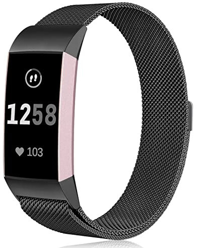 Faliogo Metall Ersatzarmband Kompatibel mit Fitbit Charge 3 Armband/Fitbit Charge 4 Armband, Einstellbare Edelstahl Ersatz Armbänder für Damen Herren, Klein Schwarz