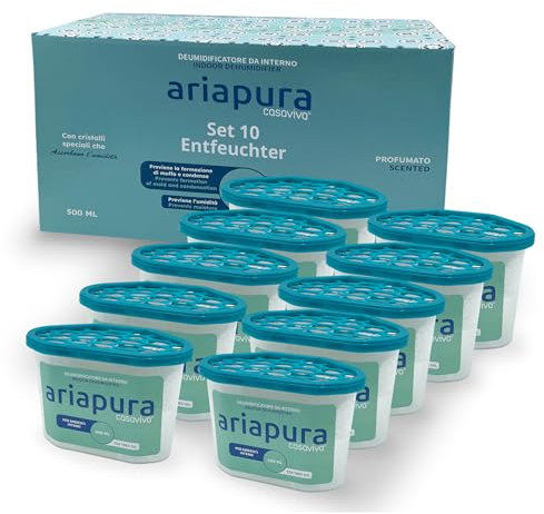 CASAVIVA - Deumidificatore Casa Muffa ARIAPURA 10 Pezzi da 500ml - Deumidificatore Portatile Assorbi Umidità per Ambienti con Cristalli Idrofili - Aromaterapia