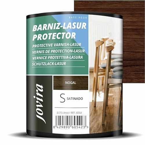 JOVIRA PINTURAS BARNIZ-LASUR Protector Satinado al Agua. Protege, decora y embellece todo tipo de madera. (750 Mililitros, Nogal) E-23