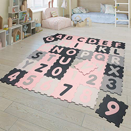 TT Home Spielmatte Puzzlematte Kindermatte Schaumstoff Buchstaben Zahlen 36 Puzzleteile, Farbe: Pink, Größe:32x32 cm x 36 Stück