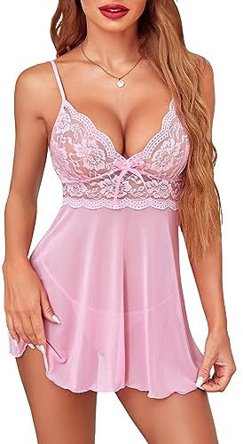 Avidlove Damen Dessous Spitze Babydoll Träger Chemise Neckholder Teddy V-Ausschnitt Nachtwäsche, rose, Medium
