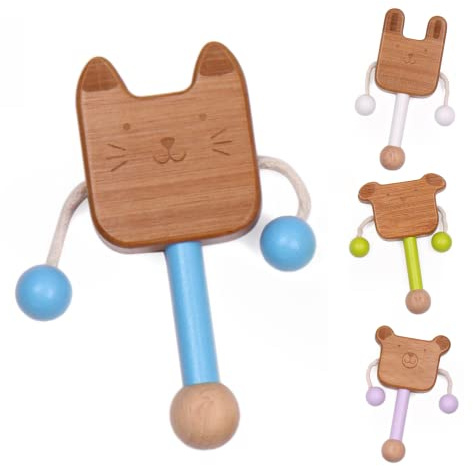 myBamboo Babyrassel aus Bambus - Rasselspielzeug in 4 Varianten - ideales Geschenk zur Geburt - Greifling aus Holz (Katze - blau)