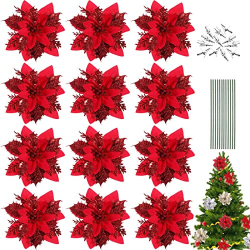 12 Stück Weihnachten Funkeln Weihnachtsstern Blumen, Glitzer Deko Weihnachtsblumen mit Clips + Vorbauten, Glitzer Weihnachtsblume Hochzeit Weihnachtsbaum Weihnachtstürkranz (Rot)