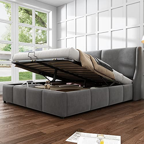 Merax Polsterbett 140 x 200 cm, Samt-Stoff Doppelbett mit Lattenrost & Bettkasten, Hydraulisches Funktionsbett Stauraumbett, Bettgestell mit Kopfteil, für Erwachsene & Jugendliche, Ohne Matratze