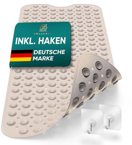 Delluxia Badewannenmatten rutschfest für Kinder und Erwachsene I Duschmatte inkl. Aufhängung I Rutschmatte Badewanne Größe XXL I Anti Rutsch Badewanne Matte Farbe Beige I Badewanneneinlage Kinder
