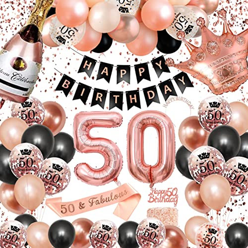 50. Geburtstag Dekorationen Frauen, SWPEED Rosegold Schwarz Deko Set 50th Ballons Happy Birthday Banner Girlande Konfetti luftballon Mädchen Frauen 50 Geburtstag Party Deko Supplies