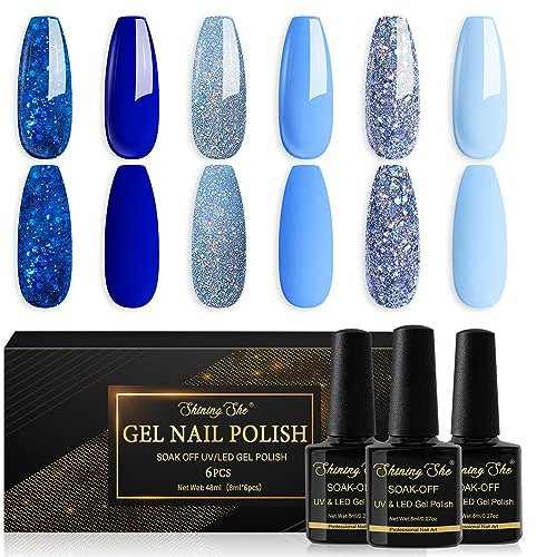 Shining She Gel Nail Polish Set Blue, 6 Colors Baby Blue Navy Blue Glitter Gel Polish Kit Soak-Off UV/LED Blue Series Nail Polish Gel for Nail Art Salon DIY Home, 8ML
