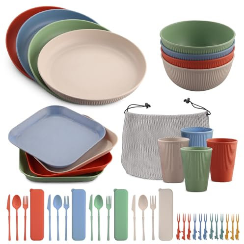 FUNYKICH Ensemble de 32 Assiettes et Bols en plastique pour 4 Personnes, Assiettes et Couverts de Camping, Incassable, Passe au Micro-ondes et au Lave-vaisselle – Parfait pour le Camping