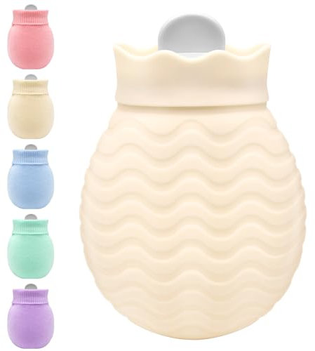Hot Water Bottle with Cover, 320ml Mini Hot Water Bag for Back, Neck and Shoulders Pain Relief with Soft Cover Removable and Washable, Best Birthday, Christmas Gifts for Girls Women Kids Adults Beige