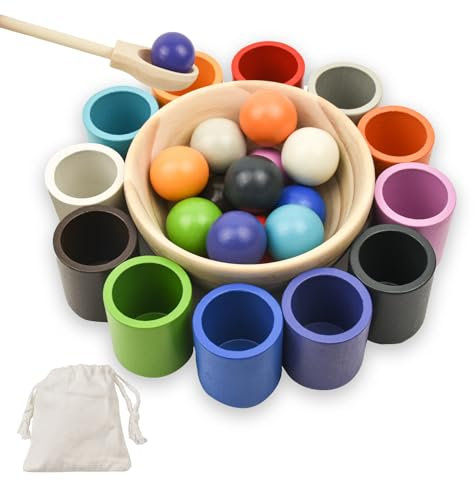 Coriver Jeu de Tri Montessori en Bois, 12 Balles 30 mm dans des Tasses, Jouets de Tri des Couleurs pour Tout-Petits, Comptage des Jeux Educatif Préscolaire 3 Ans