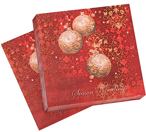 Trimming Shop 33cm Gold Christmas Baubles Red Paper Napkins - 2 ply Decorative Xmas Serviettes, Festive Tableware & Party Supplies for Holiday Dining, Winter Dinners - Pack of 100