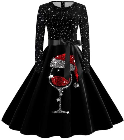 WVONIF Robe de Noël Femme Chic Drôle - Rudolph Renne Imprimé, Robe Vintage Années 50s 60s, Mère Noël, Soirée Cocktail Mariage Fête, Vêtements