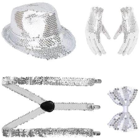 Glitzer Outfit Herren,4 Stück Glitzer Accessoires Herren Sliver Set,Glitzer Kostüm Herre,mit Pailletten Fliege,krawatte,Handschuhe,Pailletten Kostüm Silber für Fasching Party Dance Performance