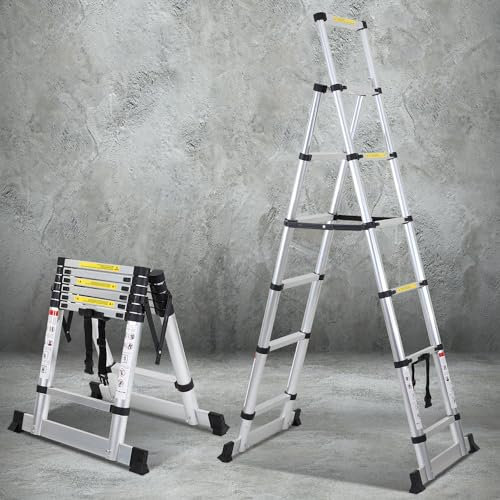 Cecaylie Escalera telescópica Plegable de 1,7 m + 2,0 m, Marco en Forma de A, 5 + 6 peldaños, Carga máxima de 150 kg, Escalera Extensible de Aluminio, tamaño plegada 65 cm