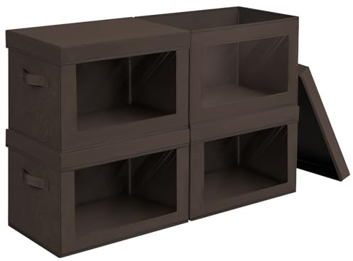 Homsorout Brown Fabric Collapsible Storage Bins with Clear Window - 4 Pack, 14.9 x 9.8 inches, Traditional Style, Ideal for Home & Office Storage