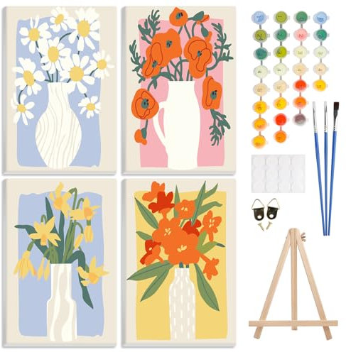 4 Pack Paint by Number Kits for Adults with Framed Canvas&Wooden Easel, DIY Adult Paint by Number Kit Oil Acrylic, Flower Vase Painting by Number for Beginners, Arts and Crafts for Home Decor 8x12in